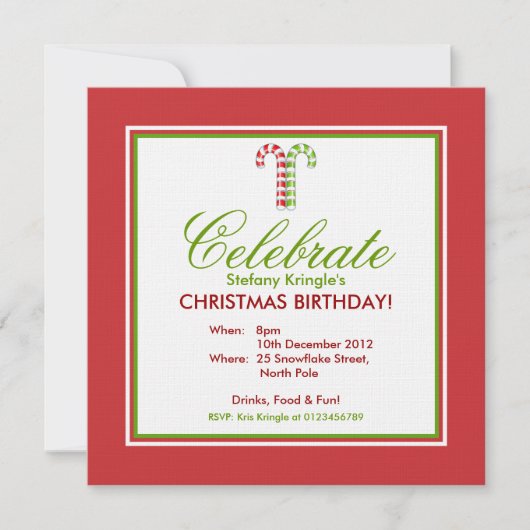 Candy Canes red green Kerstmis Birthday Invite Kaart (Voorkant)