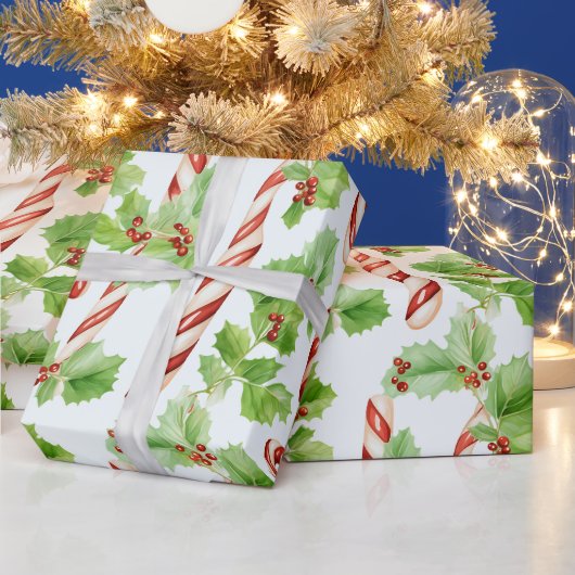 Candy Canes Winter Berries Groen Moderne Kerstmis Cadeaupapier (Feestdagen)