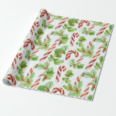 Candy Canes Winter Berries Groen Moderne Kerstmis Cadeaupapier (Uitgerold)