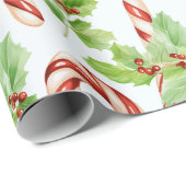 Candy Canes Winter Berries Groen Moderne Kerstmis Cadeaupapier (Rol Hoek)