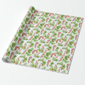 Candy Canes Winter Berries Groen Moderne Kerstmis Cadeaupapier (Uitgerold)