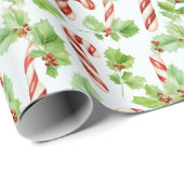 Candy Canes Winter Berries Groen Moderne Kerstmis Cadeaupapier (Rol Hoek)