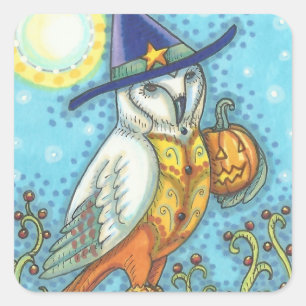 CANDY CORN BARN OWL FOLK ART, HALLOWEEN BIRD VIERKANTE STICKER