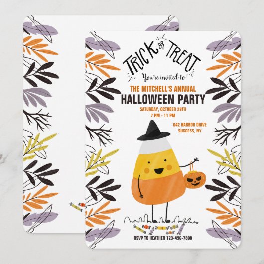 Candy Corn Character Halloween Party Uitnodiging (Voorkant / Achterkant)