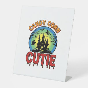 Candy Corn Cutie Vintage Halloween Kasteel Design_ Reclamebord Met Voetstuk