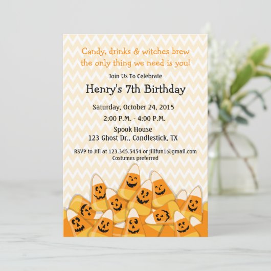Candy Corn Halloween Birthday Party Kaart (Staand voorkant)