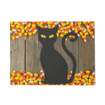 Candy Corn Halloween Doormat met zwarte kat
