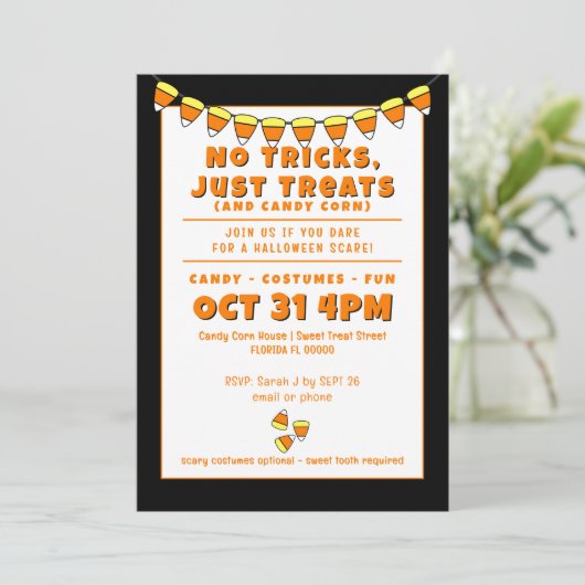 Candy Corn Kostuum Party Halloween Uitnodiging (Staand voorkant)