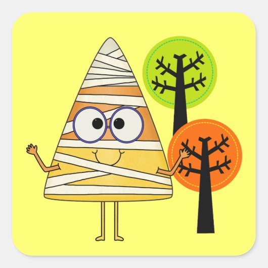 Candy Corn Mummy Halloween Vierkante Sticker (Voorkant)