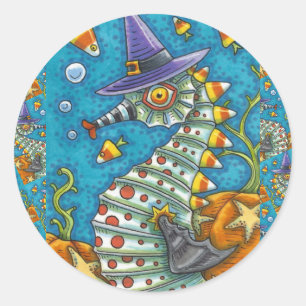CANDY CORN SEAHORSE WITCH, ONDER HET ZEE HALLOEEN RONDE STICKER