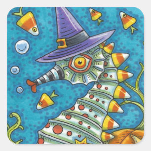 CANDY CORN SEAHORSE WITCH, ONDER HET ZEE HALLOEEN VIERKANTE STICKER