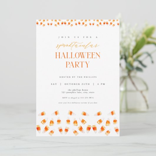 Candy Corn Spooktacular Halloween Party Uitnodigin Kaart (Staand voorkant)
