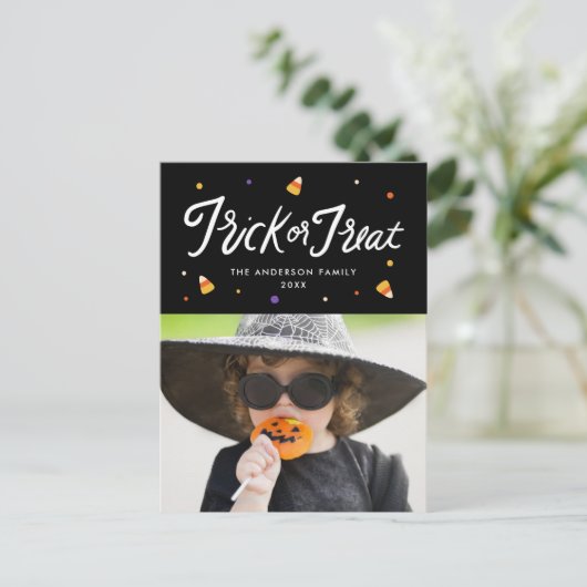 Candy Corn Trick or treat Halloween Foto Feestdagenkaart (Staand voorkant)