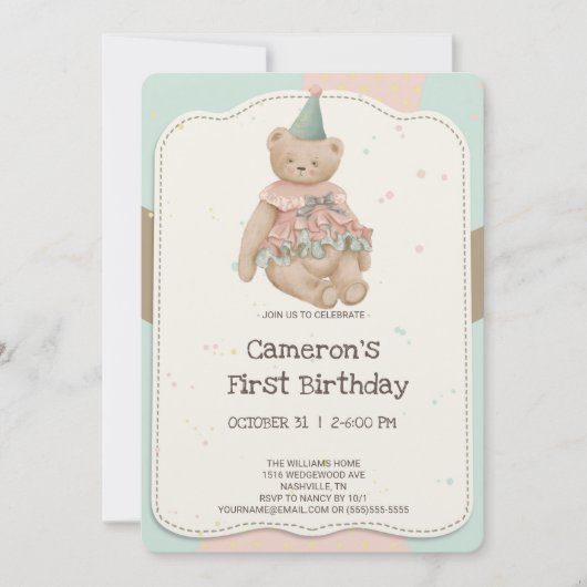 Candy Cute Beer Eerste Verjaardagsuitnodiging Kaart (Voorkant)