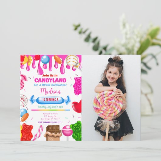 Candy land foto uitnodiging (Staand voorkant)