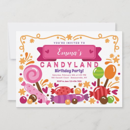Candy Land Verjaardagsfeest Uitnodiging (Voorkant)