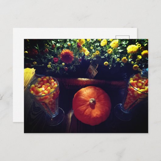 Candy maïs pompoen mums tafel landschap briefkaart (Voorkant / Achterkant)