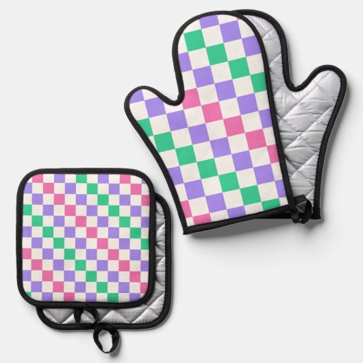 Candy shop diagonal checkerboard pattern ovenwant & pannenlap set (Voorkant / Achterkant)