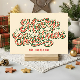 Candy Stripe Retro Script Prettig Kerstfeest Feestdagen Kaart