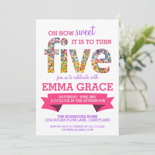 Candy Thema 5e Verjaardagsfeest Spikkels Uitnodigi Kaart (Staand voorkant)