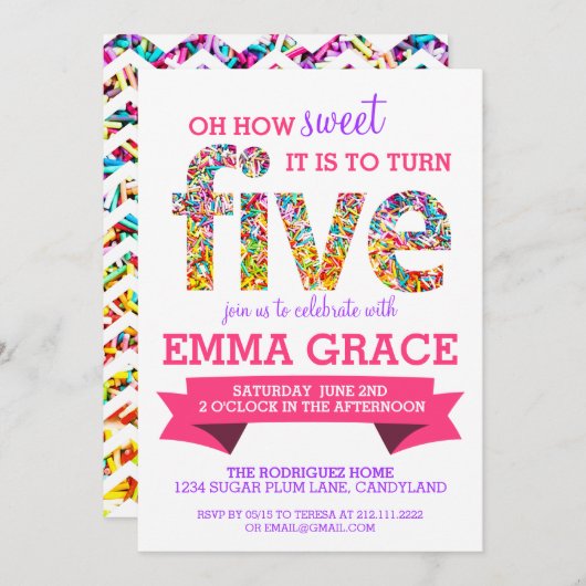 Candy Thema 5e Verjaardagsfeest Spikkels Uitnodigi Kaart (Voorkant / Achterkant)