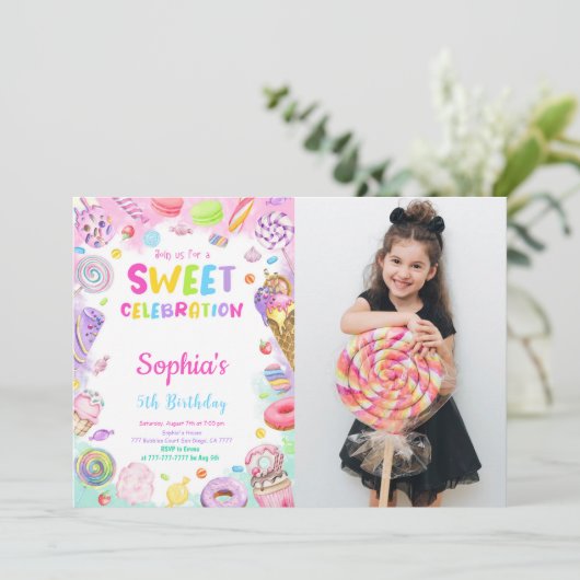 Candy verjaardagsfoto uitnodiging (Staand voorkant)