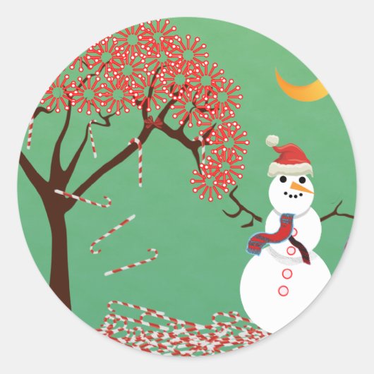Candycane Boom met Sneeuwman Ronde Sticker (Voorkant)