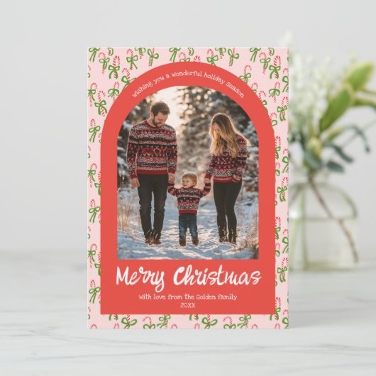 Candycanes Roze Rode Kerst Custom Arch 5 Foto Feestdagenkaart (Staand voorkant)