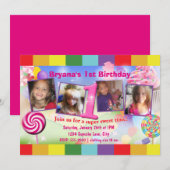 Candyland 1st Birthday Party 4 foto uitnodiging (Voorkant / Achterkant)