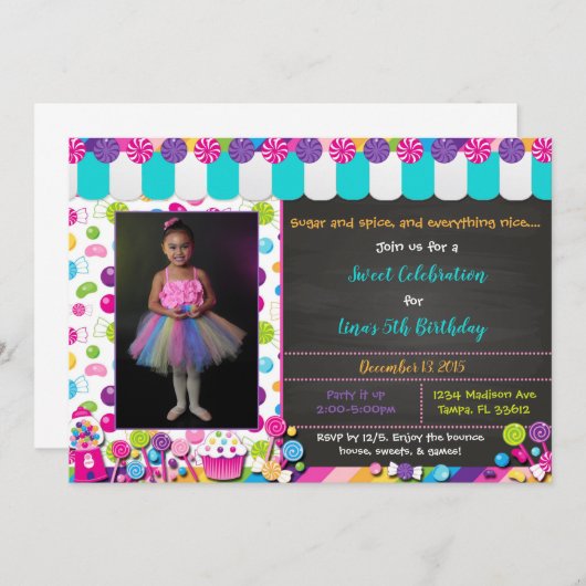 Candyland Aanpasbare Uitnodiging (Voorkant / Achterkant)