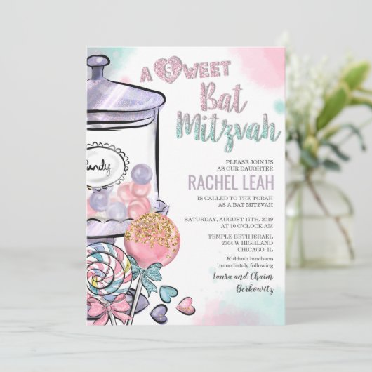 Candyland Bat Mitzvah Uitnodiging (Staand voorkant)