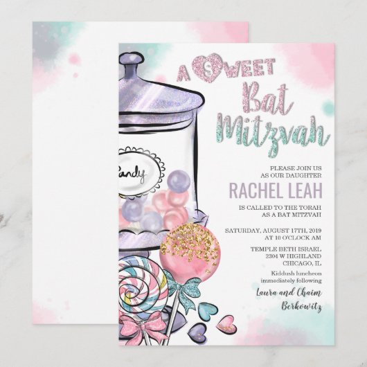 Candyland Bat Mitzvah Uitnodiging (Voorkant / Achterkant)