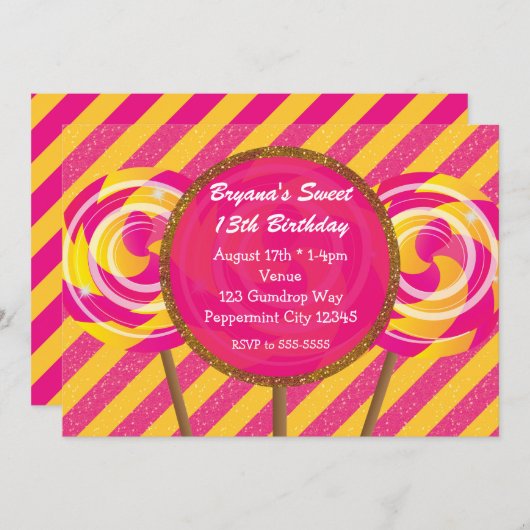 Candyland Pink & Yellow Lollipops Verjaardagsfeest Kaart (Voorkant / Achterkant)