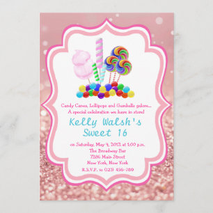 Candyland Roos Gold Glitter Sweet 16 Uitnodiging