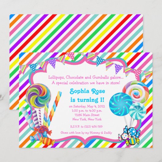 Candyland Snoep Theme Birthday Uitnodiging (Voorkant / Achterkant)