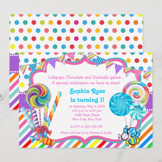 Candyland Snoep Theme Birthday Uitnodiging (Voorkant / Achterkant)