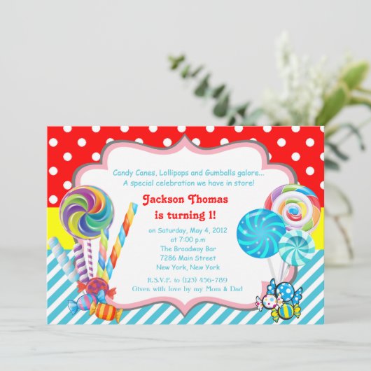 Candyland snoep Theme Birthday Uitnodiging (Staand voorkant)