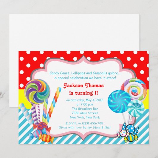 Candyland snoep Theme Birthday Uitnodiging (Voorkant / Achterkant)