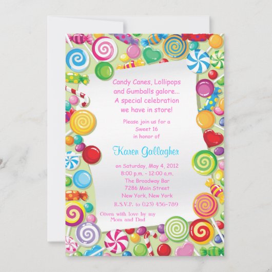 Candyland snoep Theme Sweet 16 Invite Kaart (Voorkant)