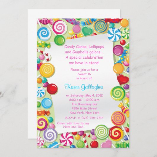 Candyland snoep Theme Sweet 16 Invite Kaart (Voorkant / Achterkant)