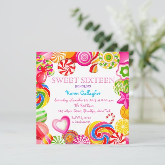Candyland Snoep Theme Sweet 16 Uitnodiging (Staand voorkant)