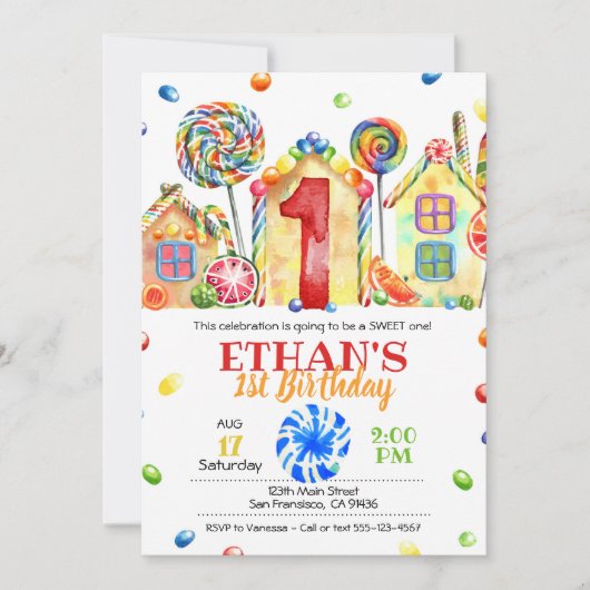 Candyland Snoep Uitnodiging voor Snoep Thema -1st (Voorkant)