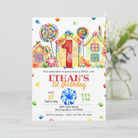 Candyland Snoep Uitnodiging voor Snoep Thema -1st (Staand voorkant)