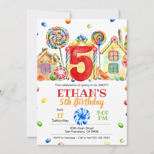 Candyland Snoep Uitnodiging voor Snoep Thema - 5e (Voorkant)