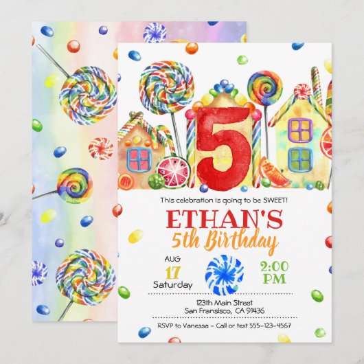 Candyland Snoep Uitnodiging voor Snoep Thema - 5e (Voorkant / Achterkant)