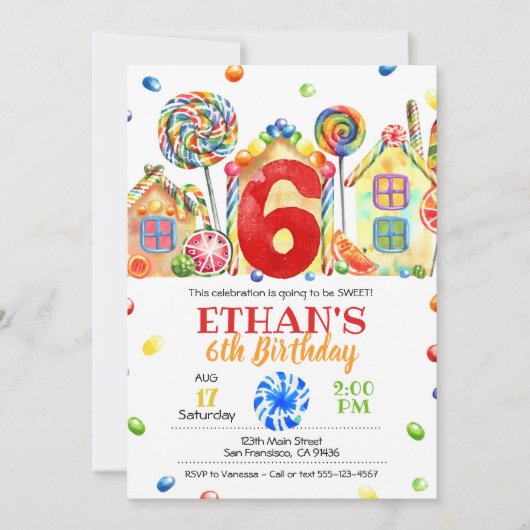 Candyland Snoep Uitnodiging voor Snoep Thema - 6e (Voorkant)