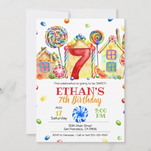 Candyland Snoep Uitnodiging voor Snoep Thema - 7e (Voorkant)