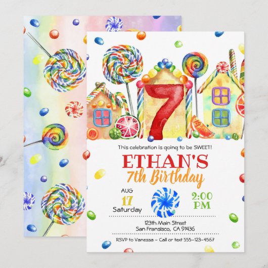 Candyland Snoep Uitnodiging voor Snoep Thema - 7e (Voorkant / Achterkant)