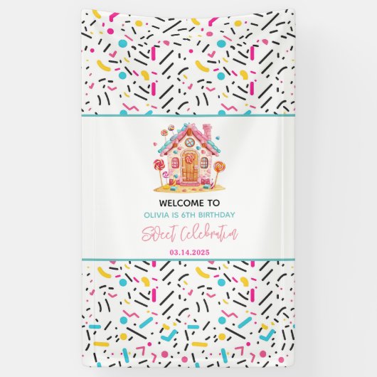Candyland Sweet Celebration Kids Verjaardagsfeest Spandoek (Verticaal)