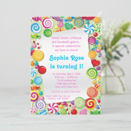 Candyland Sweet Shoppe Birthday Uitnodiging (Staand voorkant)